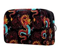 Trousse per cosmetici da donna, con draghi cinesi e peonie, borsa da viaggio grande per trucchi, pratica borsa organizer con cerniera, Multi, 18.5x7.5x13cm/7.3x3x5.1in, Beauty case