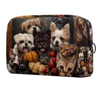 Trousse per cosmetici da donna, con gatti e cani che mangiano frutta insieme, borsa da viaggio per articoli da toeletta grande, pratica borsa organizer con cerniera, Multi, 18.5x7.5x13cm/7.3x3x5.1in,