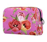 Trousse per cosmetici da donna, con motivo a tulipani rossi, per articoli da toeletta da viaggio, grande, pratica borsa organizer con cerniera, Multi, 18.5x7.5x13cm/7.3x3x5.1in, Beauty case