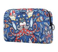 Trousse per cosmetici da donna, con motivo di vecchi polpi, pesci, barche, borsa da viaggio per articoli da toeletta grande, pratica borsa organizer con cerniera, Multi, 18.5x7.5x13cm/7.3x3x5.1in,