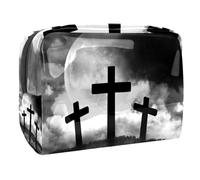 Trousse per cosmetici da donna, con tre croci su Spooky Hill, borsa da viaggio grande in PVC per trucchi con cerniera, Multi, 18.5x7.5x13cm/7.3x3x5.1in, Beauty case
