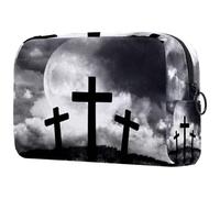 Trousse per cosmetici da donna, con tre croci su Spooky Hill, borsa da viaggio per articoli da toeletta grande, pratica borsa organizer con cerniera, Multi, 18.5x7.5x13cm/7.3x3x5.1in, Beauty case