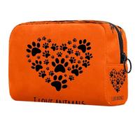 Trousse per cosmetici da donna, con zampa arancione e cuore, con scritta "I Love Animals", da viaggio, grande, con cerniera, Multi, 18.5x7.5x13cm/7.3x3x5.1in, Beauty case