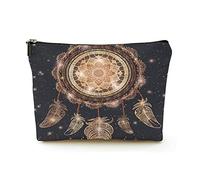 Trousse per cosmetici da viaggio in lino da donna, acchiappasogni con mandala magico e piume, custodia cosmetica resistente