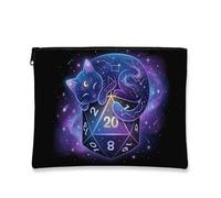 Trousse per cosmetici, gatto addormentato su dadi D20, astuccio portatile per trucco galassia da donna, ideale per viaggi e cura della pelle, regalo per giocatori, nero, 7x9 Inch, Gatto