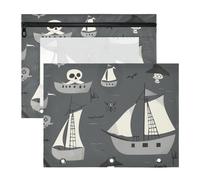 Trousse per cosmetici, robusta, per raccoglitori a 3 anelli, confezione da 2 pezzi, per studenti, ufficio, pirati, design grigio, barca a vela