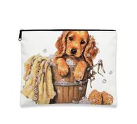 Trousse per il trucco con cane, design vintage con animali, borsa da viaggio per donne, piccola borsa portatile in tela con cerniera, scelta perfetta per gli amanti degli animali, bianco, 7x9 Inch