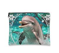 Trousse per il trucco con delfino, borsa da viaggio per donne, piccola borsa portatile in tela con cerniera, regalo da spiaggia per la cura della pelle, Verde acqua, 7x9 Inch, Delfino