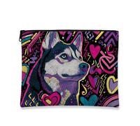 Trousse per il trucco con husky, illustrazione colorata con cane, borsa da viaggio portatile per donne, graziosa piccola borsa in tela con cerniera, scelta perfetta per gli amanti degli animali