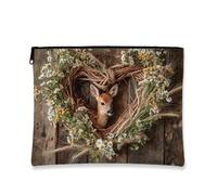 Trousse per il trucco floreale, borsa per cosmetici rustica a forma di cuore con cervi e fiori da donna, organizer portatile ecologico con cerniera, borsa da viaggio ispirata alla natura, per festival