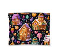 Trousse per trucchi a forma di casa di pan di zenzero, borsa da viaggio per donne, piccola borsa portatile in tela con cerniera, borsa da toilette natalizia per la cura della pelle, Nero, 7x9 Inch