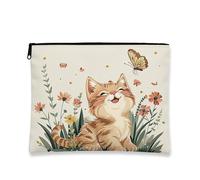 Trousse per trucchi a forma di gatto, graziosa borsetta portatile in tela con gattino e farfalle, ideale come organizer da viaggio per regali di primavera, Crema, 7x9 Inch, Gatto