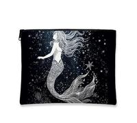 Trousse per trucchi a forma di sirena, design mistico con sirena marina, borsa da viaggio per donne, organizer portatile in tela nera con cerniera, idea regalo per cosmetici e articoli da toeletta per
