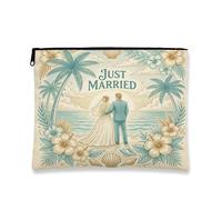 Trousse per trucchi a tema matrimonio, conchiglie tropicali da spiaggia, borsa da viaggio per donne e ragazze, piccola borsa portatile in tela con cerniera, borsa da toilette Just Married, 17,8 x 22,9