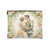 Trousse per trucchi a tema matrimonio, romantica borsa da viaggio floreale per donne e ragazze, piccola borsa portatile in tela con cerniera, borsa da toilette con fiori, 17,8 x 22,9 cm
