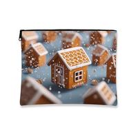 Trousse per trucchi a tema natalizio con casa di pan di zenzero, borsa da viaggio per donne, piccola borsa portatile in tela con cerniera, borsa da toilette invernale per la cura della pelle, Marrone