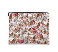Trousse per trucchi a tema natalizio con casa di pan di zenzero, borsa da viaggio per donne, piccola borsa portatile in tela con cerniera, borsa da toilette natalizia per la cura della pelle, Marrone