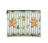 Trousse per trucchi a tema natalizio con pan di zenzero, borsa per cosmetici da donna, piccola borsa portatile in tela con cerniera, borsa da toilette natalizia, Verde, 7x9 Inch, Pan di zenzero