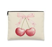 Trousse per trucchi con ciliegie, borsetta da viaggio per donne, piccola borsa portatile in tela con cerniera, scelta perfetta per San Valentino, Crema, 7x9 Inch, Ciliegie