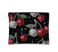 Trousse per trucchi con ciliegie glitterate, elegante borsa da viaggio nera per donne, organizer portatile con cerniera, borsa da toilette regalo per le vacanze, nero, 7x9 Inch