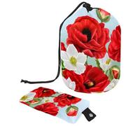 Trousse per trucchi con coulisse, a forma di barile, borsa per cosmetici da viaggio, borsa per il trucco, organizer pieghevole per articoli da toeletta per donne e ragazze, papaveri rossi e anemoni
