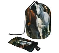 Trousse per trucchi con coulisse, a forma di barile, borsa per cosmetici da viaggio, borsa per il trucco, organizer pieghevole per articoli da toeletta per donne e ragazze, con cavalli al galoppo al