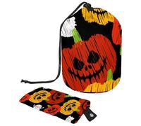 Trousse per trucchi con coulisse, a forma di barile, borsa per cosmetici da viaggio, borsa per il trucco, organizer pieghevole per articoli da toeletta per donne e ragazze, motivo: zucche e fantasmi