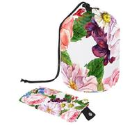 Trousse per trucchi con coulisse, a forma di barile, borsa per cosmetici da viaggio, trousse pieghevole, organizer per articoli da toeletta per donne e ragazze, con rose bianche e fiori selvatici blu,