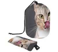 Trousse per trucchi con coulisse, a forma di barile, da viaggio, trousse per trucchi, organizer pieghevole per articoli da toeletta, tasca portaoggetti per donne e ragazze, con gatto che tira fuori la