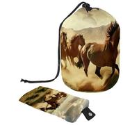 Trousse per trucchi con coulisse, a forma di botte, borsa per cosmetici da viaggio, borsa per il trucco, organizer pieghevole per articoli da toeletta per donne e ragazze, con cavalli al galoppo nel