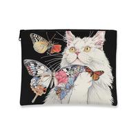 Trousse per trucchi con gatto con farfalla, astuccio artistico da viaggio per donne, organizer portatile con cerniera, regalo per gli amanti degli animali, nero, 7x9 Inch, Gatto