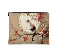 Trousse per trucchi con gatto e albero dei fiori, vintage, floreale, borsa da viaggio per donne, piccola borsa portatile in tela con cerniera, regalo per la stagione primaverile e festival, Bianco