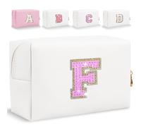 Trousse per trucchi con iniziale glitterata, piccole lettere personalizzate con paillettes, in pelle PU, portatile, impermeabile, con cerniera, borsa da viaggio per donne e ragazze (bianco-F)