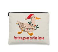 Trousse per trucchi con oche festive, borsa per cosmetici da donna, organizer portatile in tela con cerniera, borsa da toilette natalizia per la cura della pelle, Beige, 7x9 Inch, Oca