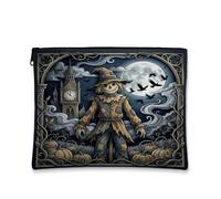 Trousse per trucchi con spaventapasseri spettrale gotico autunnale | Torre dell'orologio gotica, astuccio con cerniera per trucco, toppa a zucca, atmosfera scura e lunatica