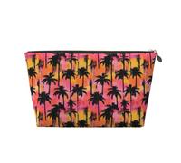 Trousse per trucchi con stampa di silhouette di paesaggio tropicale, borsa da toilette da viaggio per donne, graziosa custodia organizer per trucchi in pelle