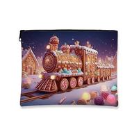 Trousse per trucchi con treno di pan di zenzero, borsa da viaggio per cosmetici a tema natalizio per donne, organizer portatile con cerniera, borsa da toilette per la cura della pelle delle vacanze
