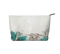 Trousse per trucchi da donna, in velluto a coste, morbida, con cerniera, organizer da viaggio per articoli da toeletta per uso quotidiano (ragonfly con ninfea), Motivo floreale color foglia di tè