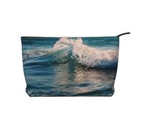 Trousse per trucchi da donna, in velluto a coste, morbida, con cerniera, organizer da viaggio per articoli da toeletta per uso quotidiano (auto e spiaggia), Onda d'acqua sul mare, Taglia unica