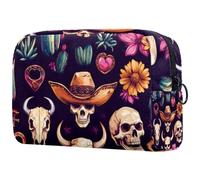 Trousse per trucchi da donna, teschio con cappello messicano, cactus selvaggio West e cuore, astuccio da viaggio con cerniera, organizer portatile per articoli da toeletta per ragazze adolescenti