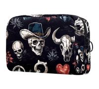 Trousse per trucchi da donna, teschio con cappello messicano, cactus selvaggio West e cuore, astuccio da viaggio con cerniera, organizer portatile per articoli da toeletta per ragazze adolescenti
