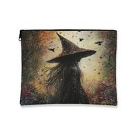 Trousse per trucchi da strega, borsa cosmetica artistica nera con design incantevole, organizer portatile in tela con cerniera, borsa da toilette da viaggio autunnale, 17,8 x 22,9 cm