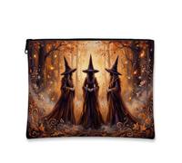 Trousse per trucchi da strega con strega e foresta autunnale, 18 x 22 cm | Fantasia paesaggio della foresta, sacchetto della chiusura lampo del trucco, cappelli a punta, atmosfera autunnale dorata