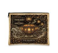 Trousse per trucchi gotica con carrozza di zucche e citazioni di Halloween | Cornice gotica del bosco, sacchetto della chiusura lampo del trucco, accenti della lanterna dell'annata