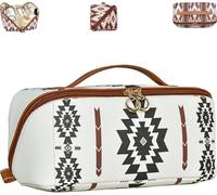 Trousse per trucchi in stile bohémien, in poliuretano, casual, a blocchi di colore, organizer per trucchi, versatile, impermeabile, portatile, grande capacità, da viaggio, bianco, Da viaggio