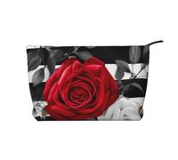 Trousse per trucchi in velluto a coste da donna, morbida, con cerniera, organizer da viaggio per articoli da toeletta per uso quotidiano (pastore tedesco con animali), Nero Bianco Strisce Fiori Rosa