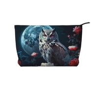 Trousse per trucchi in velluto a coste da donna, morbida, con cerniera, organizer da viaggio per articoli da toeletta per uso quotidiano (bradipo in stile cartone animato seduto su girasole), Gufo tra