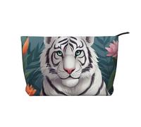 Trousse per trucchi in velluto a coste da donna, morbida, con cerniera, organizer da viaggio per articoli da toeletta per uso quotidiano (aquila sotto le stelle), Tigre bianca carina, Taglia unica