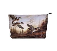 Trousse per trucchi in velluto a coste da donna, morbida, con cerniera, organizer da viaggio per articoli da toeletta per uso quotidiano (paesaggio con nave barca), Anatre di Germano, Taglia unica