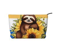 Trousse per trucchi in velluto a coste da donna, morbida, con cerniera, organizer da viaggio per articoli da toeletta per uso quotidiano (bradipo in stile cartone animato seduto su girasole), Cartone